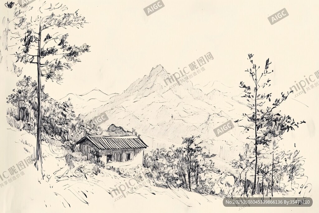 山間小屋風景素描