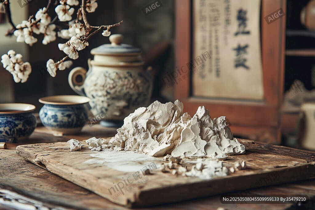 中式茶席前的微縮山石景觀