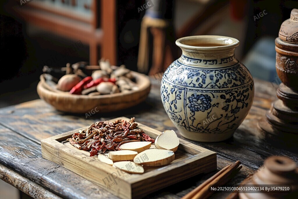 中式藥罐與傳統(tǒng)中藥材