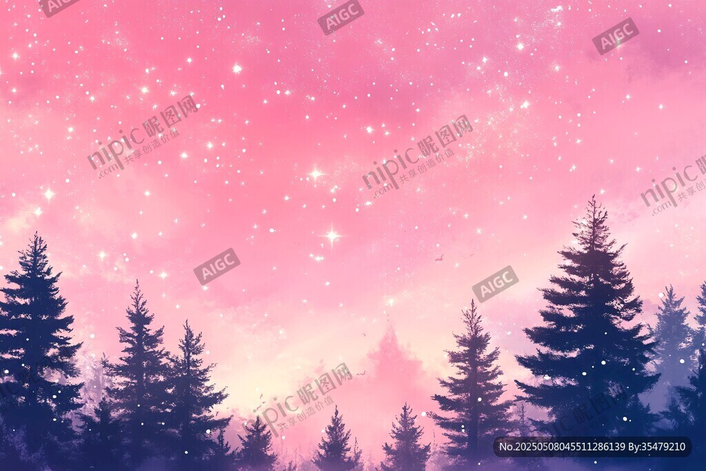 夢幻粉紫星空下的松林