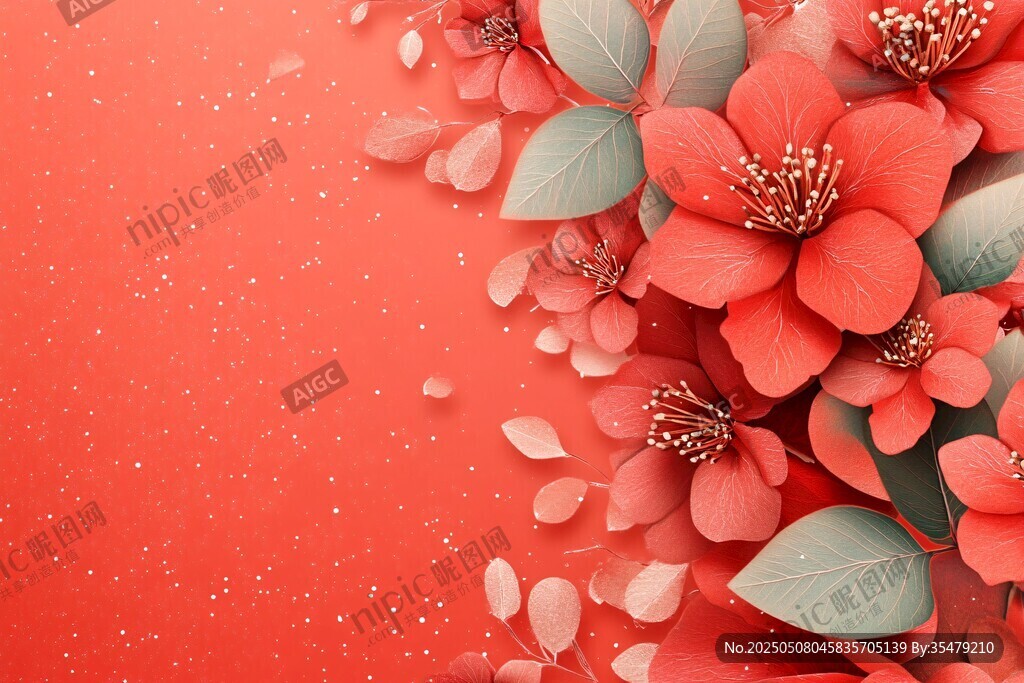 紅底繁花 浪漫花卉裝飾圖