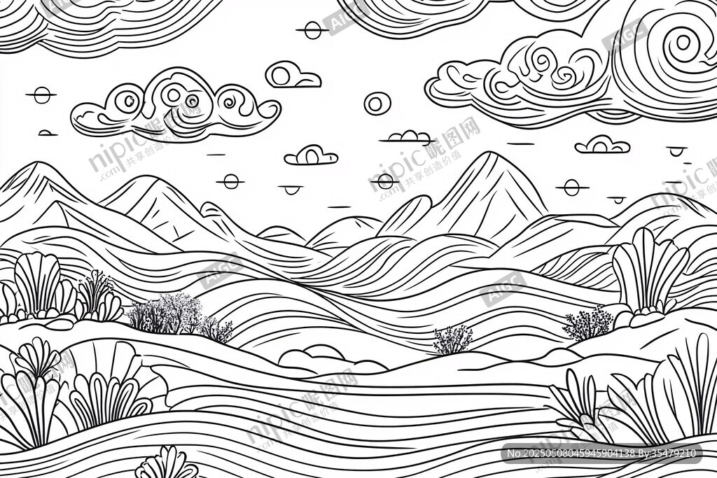 黑白線條繪就的山川圖景
