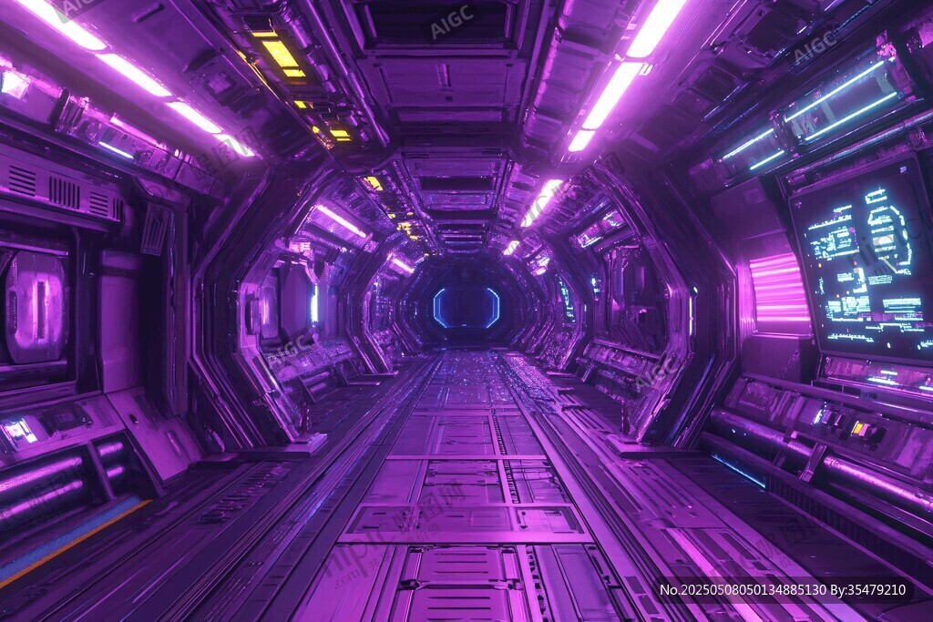 未來感紫色科幻太空艙通道