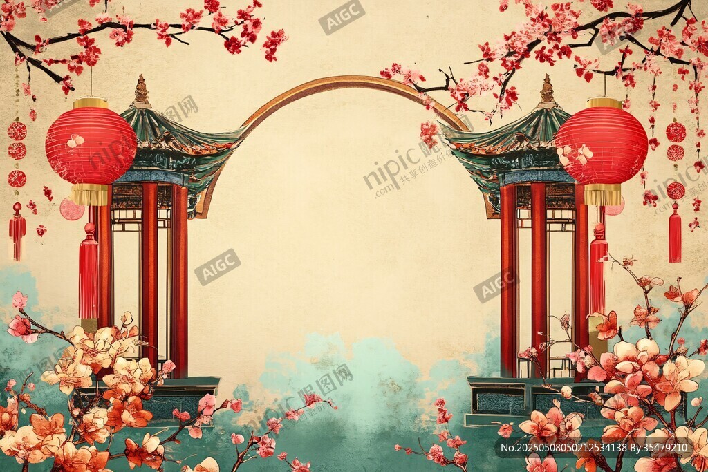 古風(fēng)亭閣間的春日喜慶景象