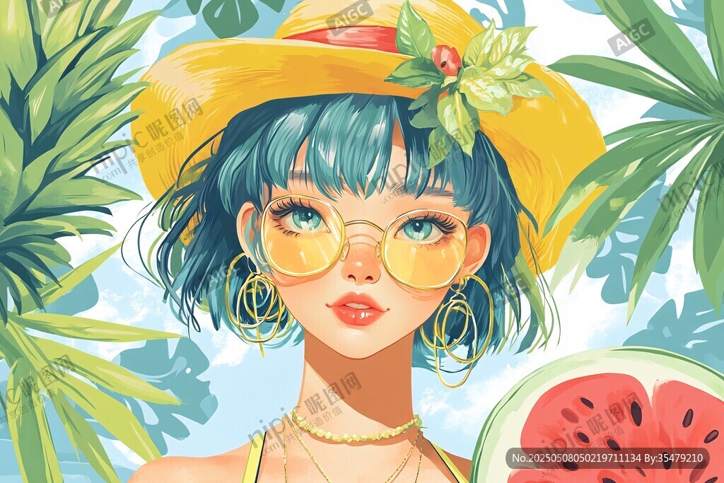 夏日時(shí)尚少女與熱帶風(fēng)情