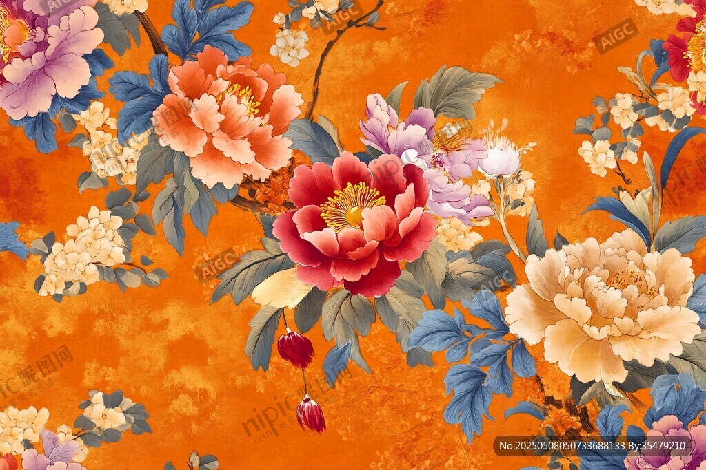 橙底繁花中式花卉圖案