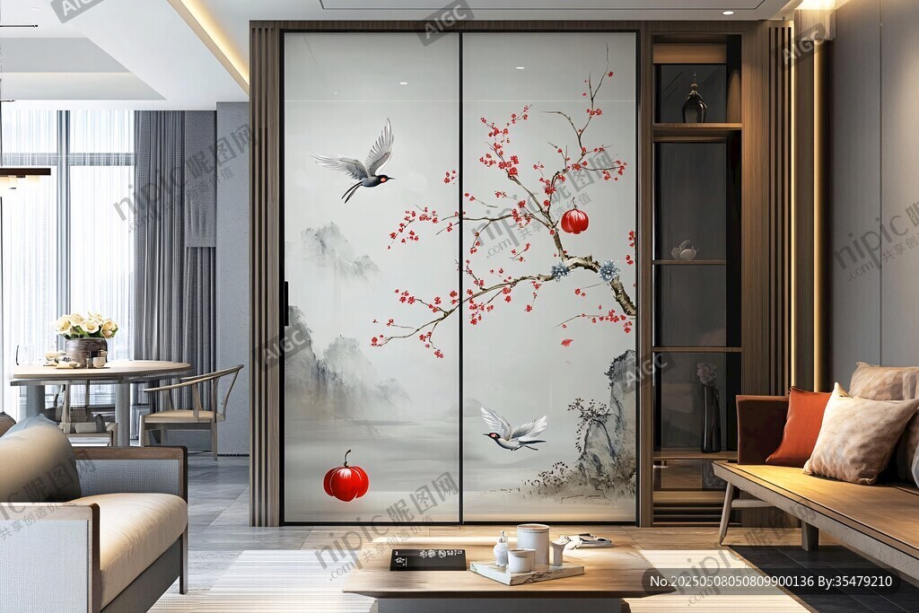 中式客廳的詩(shī)意花鳥移門