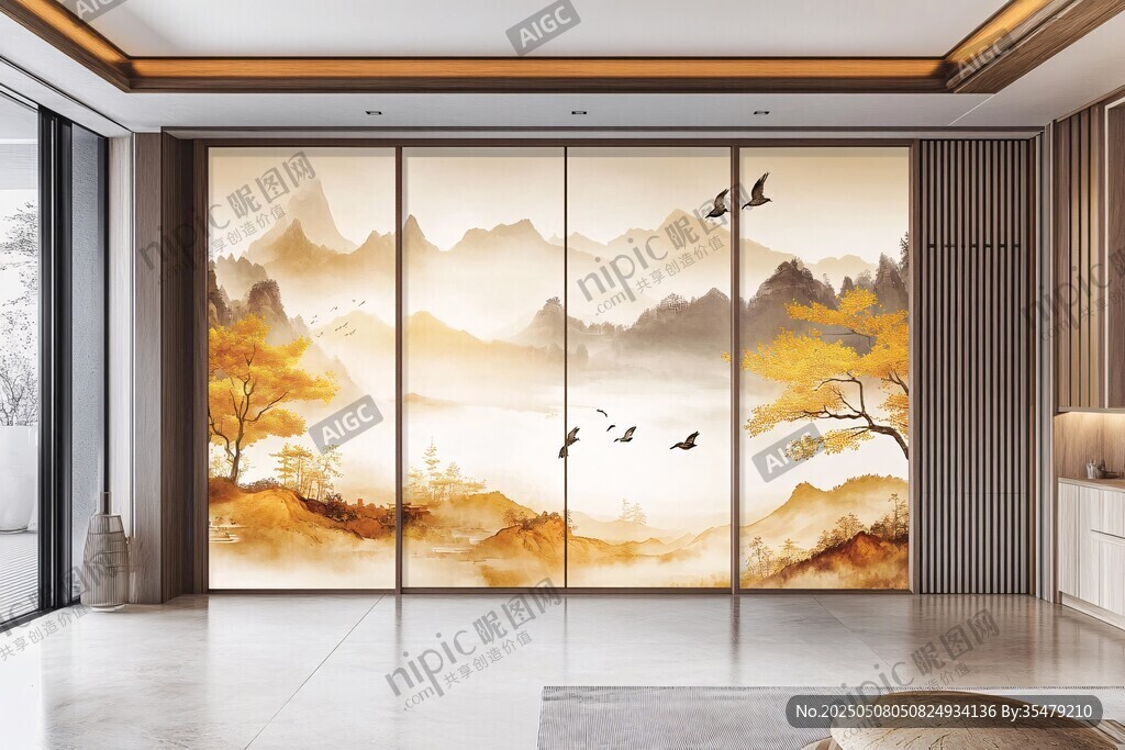 中式山水風(fēng)客廳背景墻