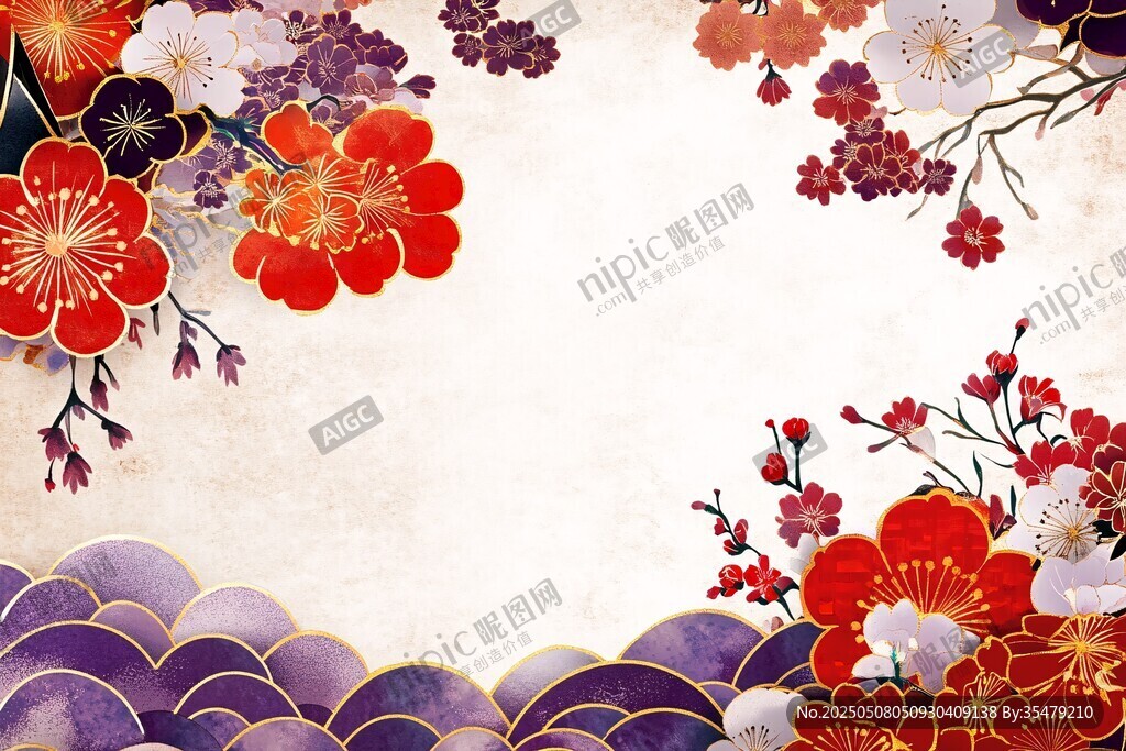 中式繁花海浪古風(fēng)背景圖