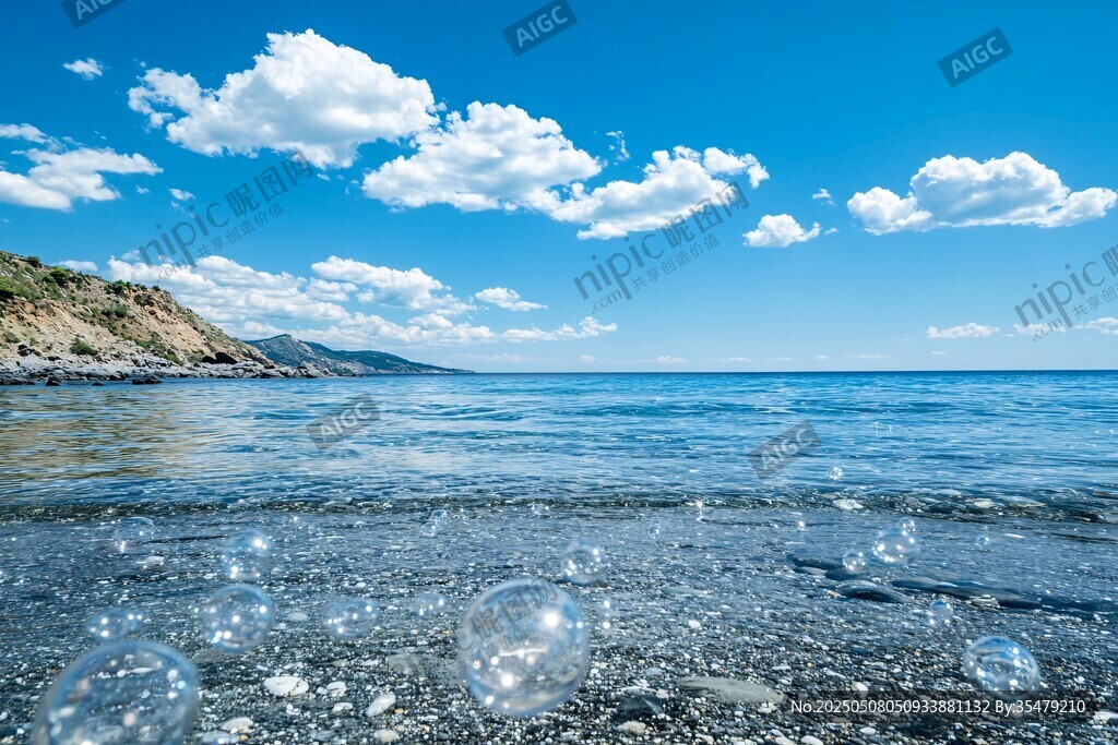 碧海藍天沙灘上的夢幻氣泡