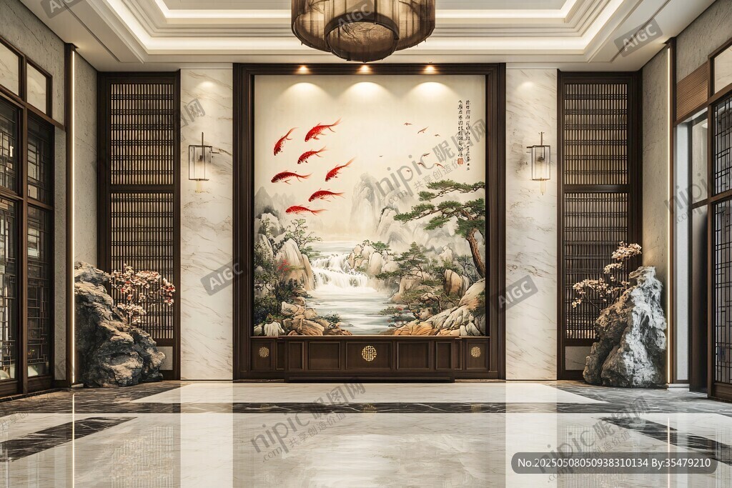 中式大廳的山水魚(yú)趣壁畫