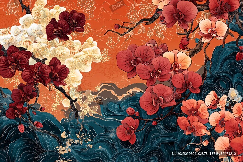 中式花卉海浪國(guó)風(fēng)插畫(huà)