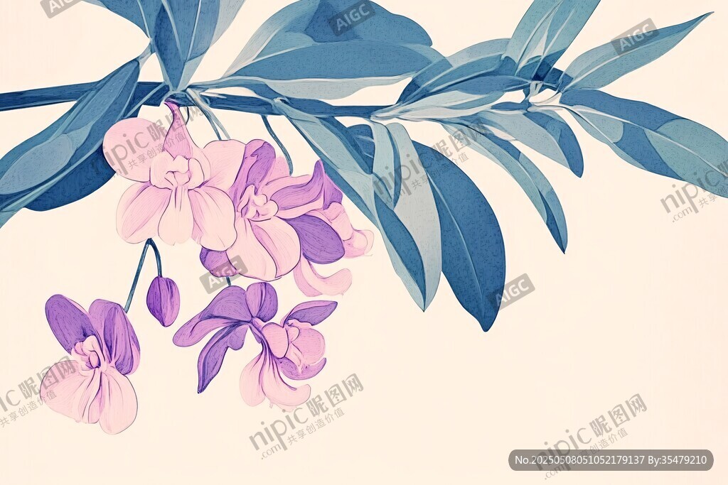 淡粉蘭花與綠葉插畫