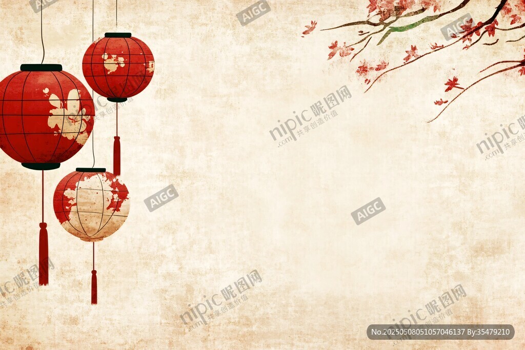 中式燈籠與花枝背景圖