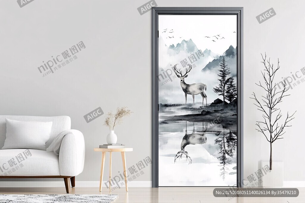 北歐風(fēng)客廳的山水麋鹿門(mén)畫(huà)