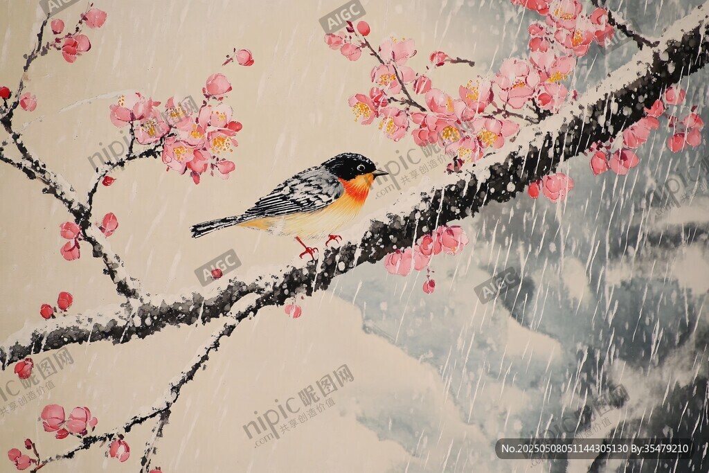雪中紅梅棲鳥圖