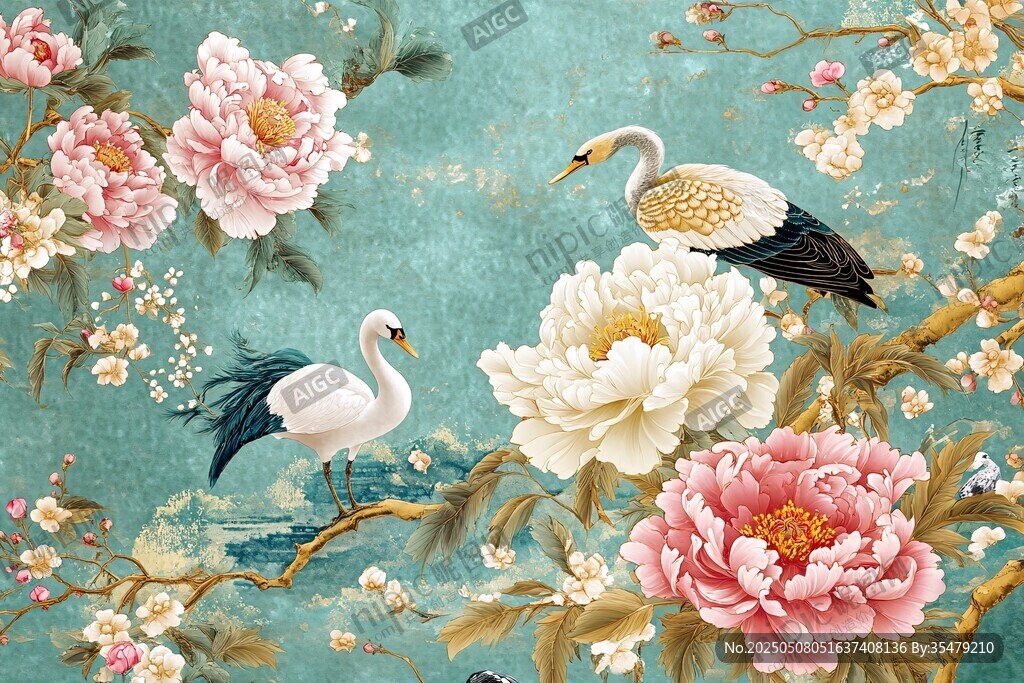 花鳥繪景 牡丹仙鶴圖