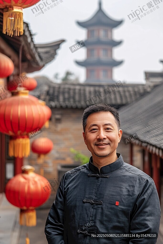 中式庭院中的微笑男子