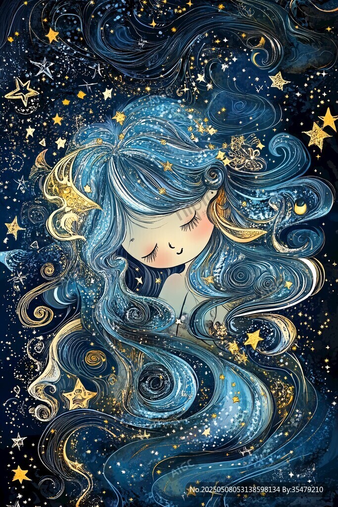 夢幻星空下的卷發藍發少女