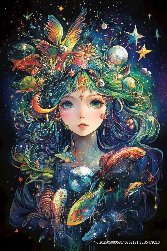 夢幻星空精靈女孩插畫