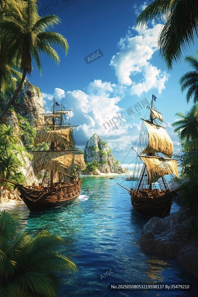 熱帶海域雙帆船奇幻景象