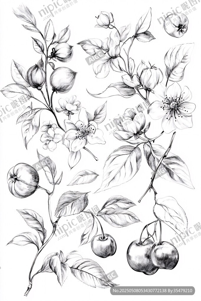 手繪花卉果實植物插畫