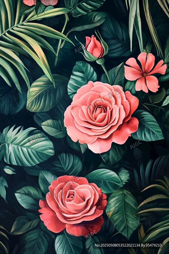 粉紅玫瑰與熱帶綠葉插畫(huà)