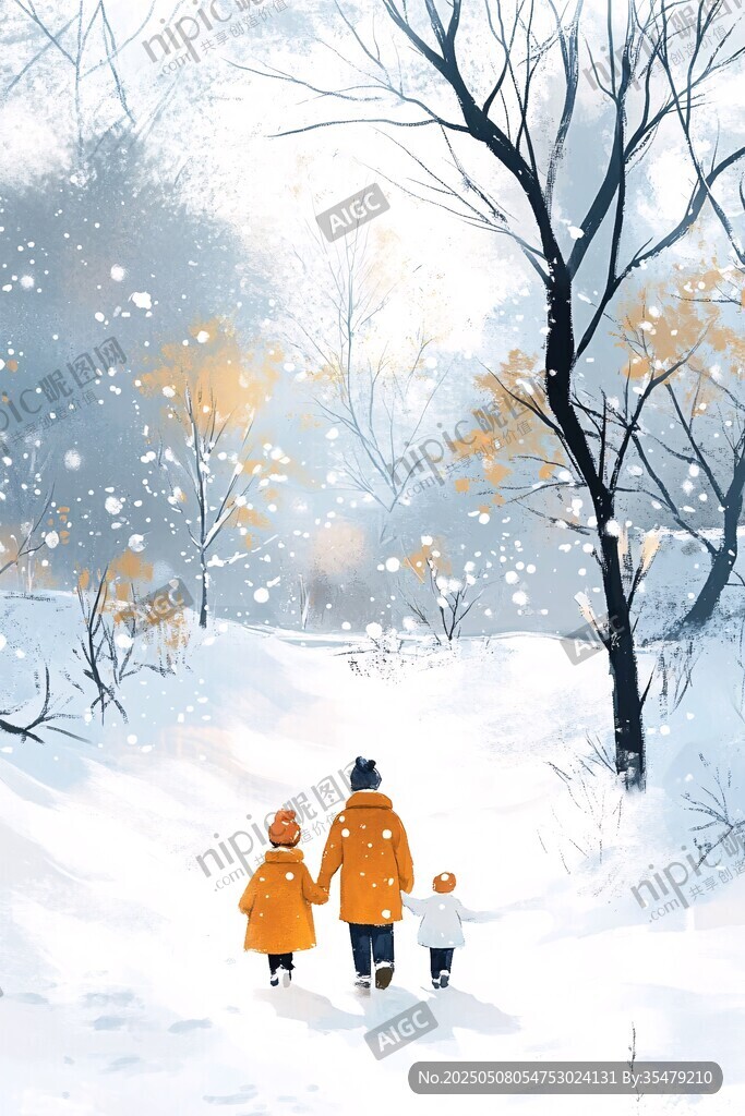 冬日親子漫步雪景中