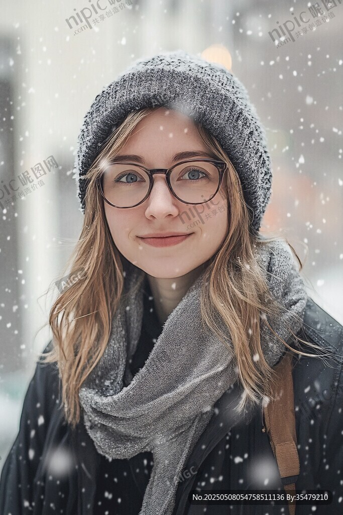 雪中戴帽圍脖的微笑女孩