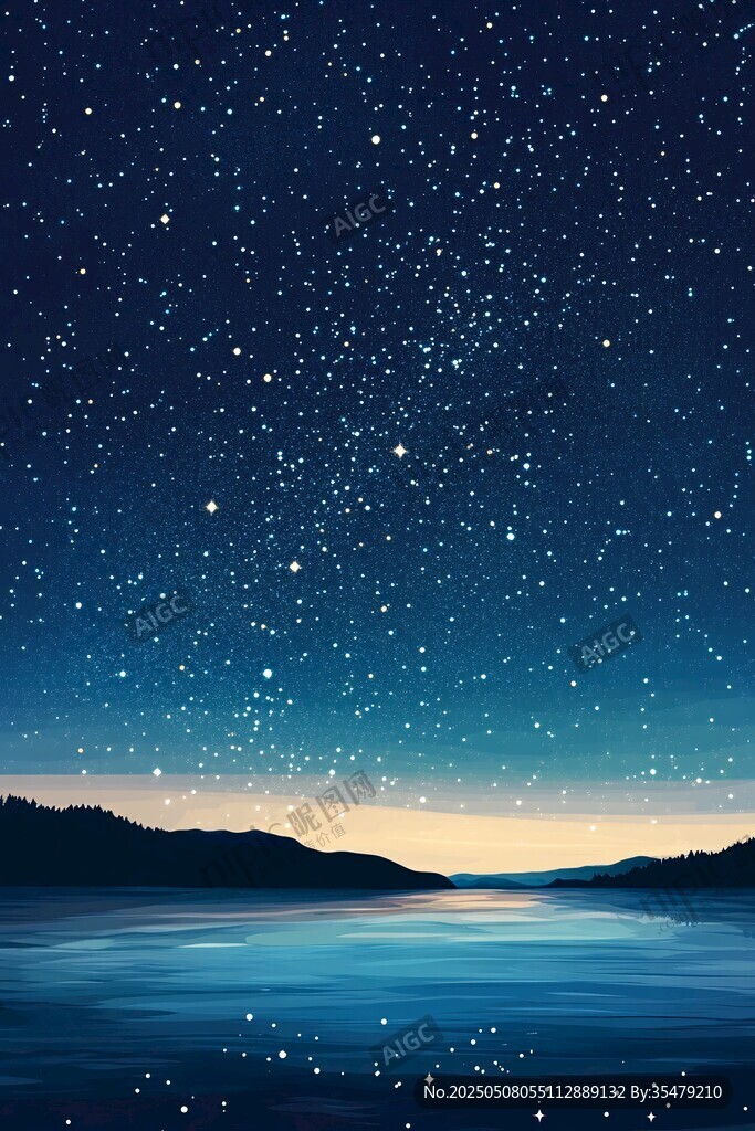 夜空下的靜謐湖畔星空圖