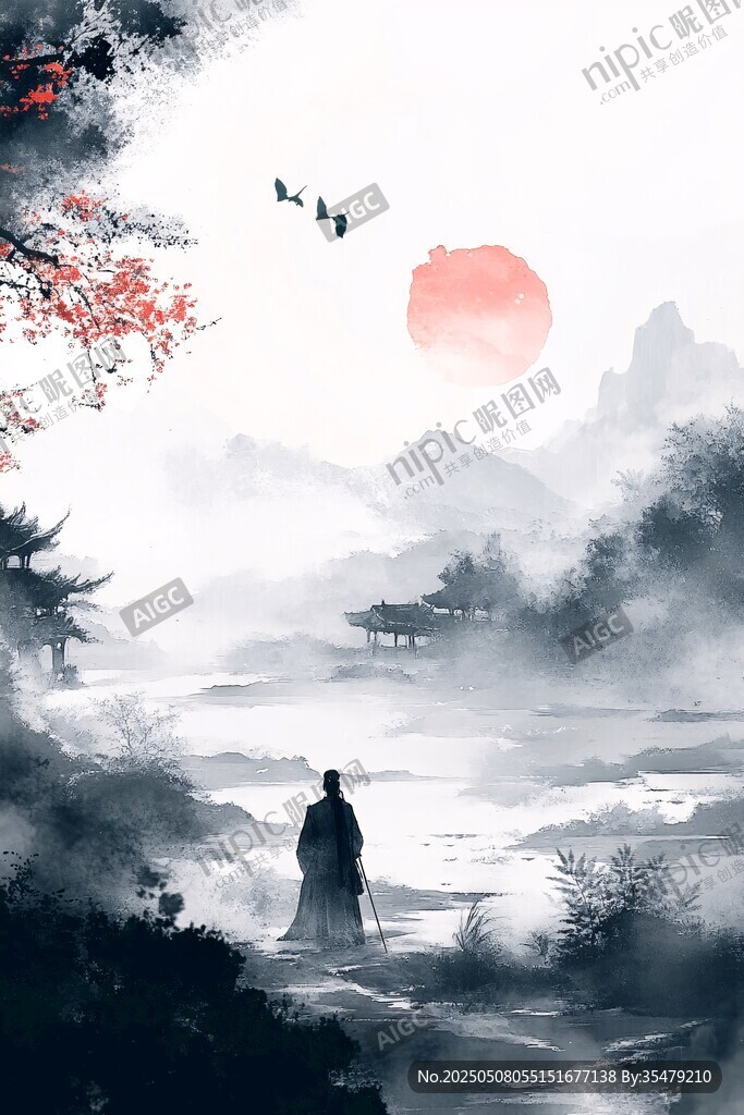 獨賞山水間落日之景