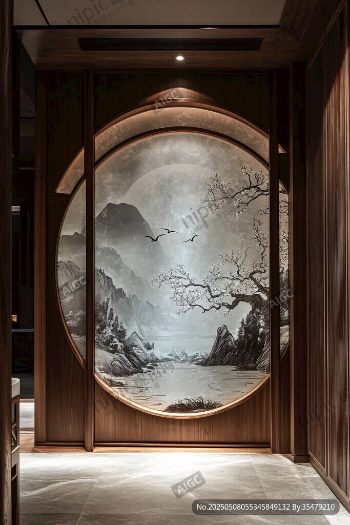 中式玄關(guān)處的山水圓形壁畫