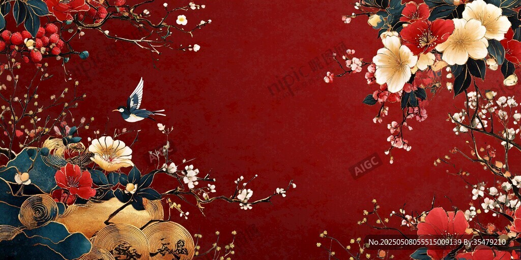 中式紅底花鳥喜慶背景圖