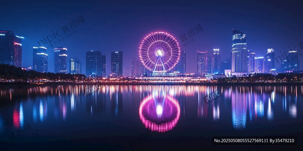 璀璨都市摩天輪夜景倒影