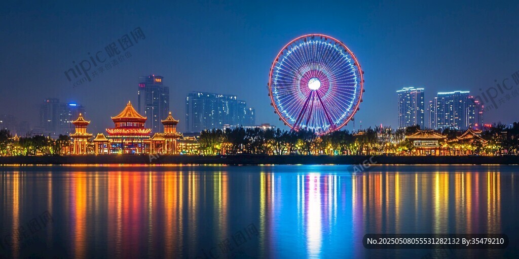 城市湖畔摩天輪璀璨夜景
