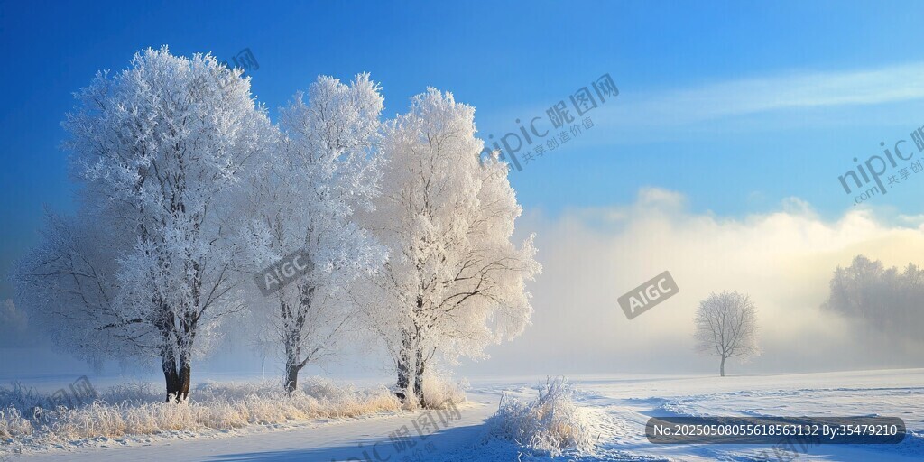 冬日雪境中的銀白樹木景觀