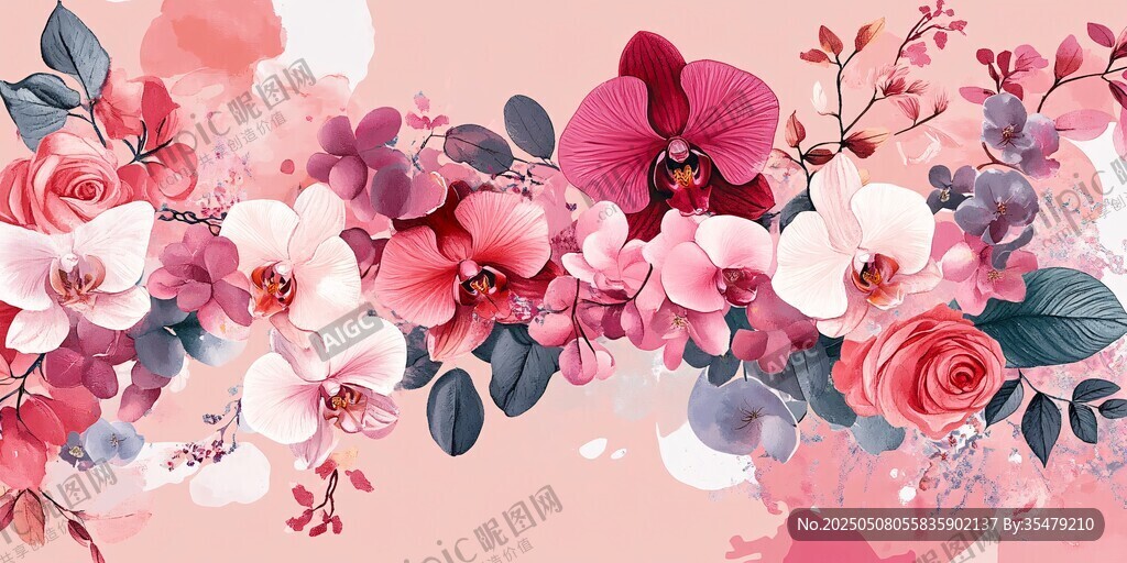 粉色夢幻花卉組合插畫