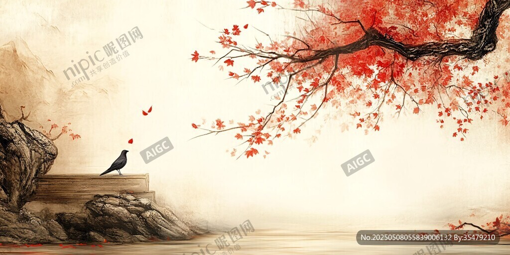 紅梅枝頭鳥 詩意山水景