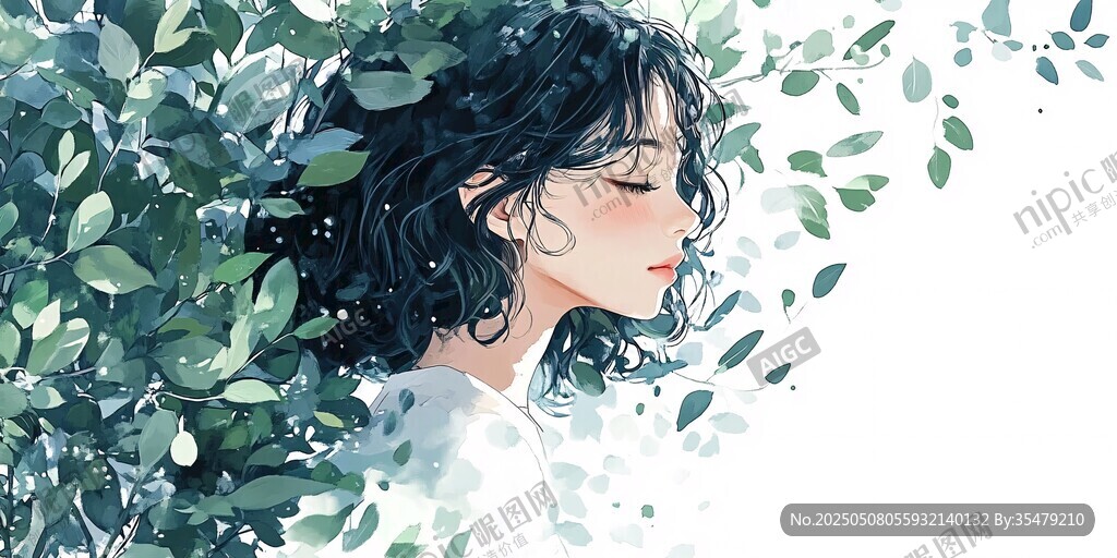 女孩置身綠葉間的靜謐時(shí)刻