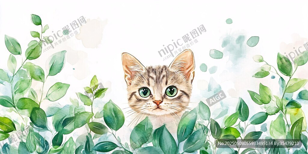 萌貓藏身翠綠枝葉間