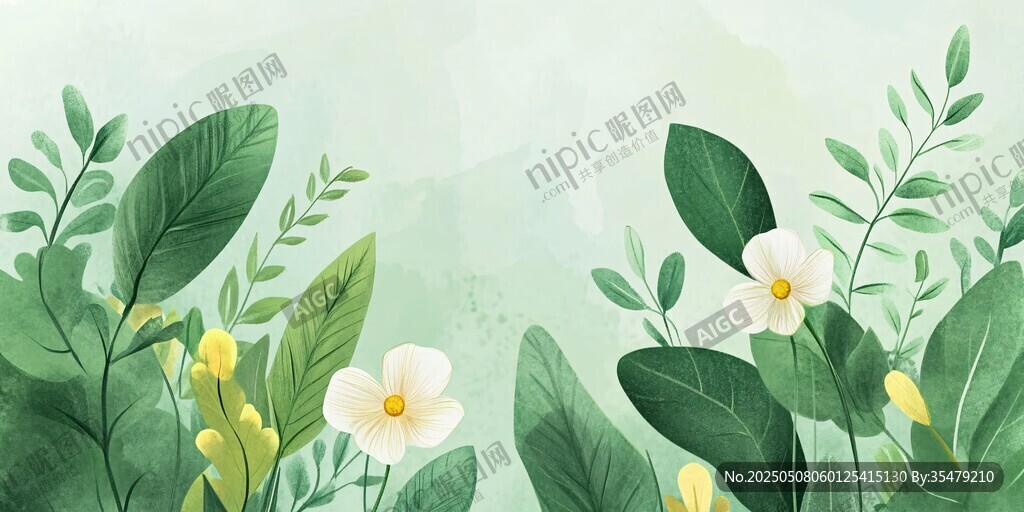 清新綠植花卉水彩插畫