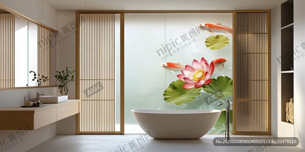 中式風(fēng)浴室 荷花錦鯉添雅致