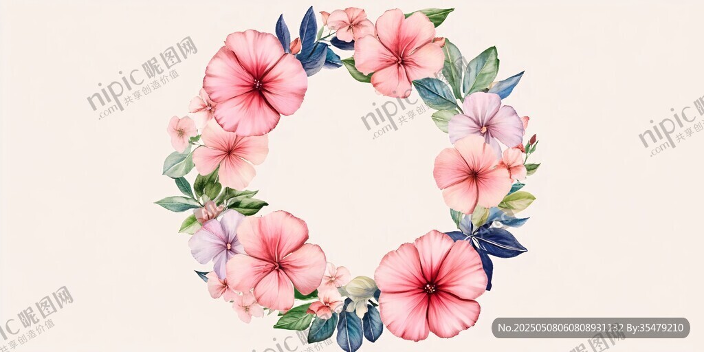 粉色花卉花環(huán)水彩插畫