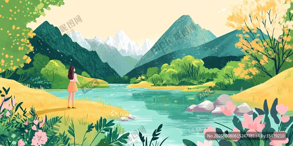 女孩賞景于山水花草間