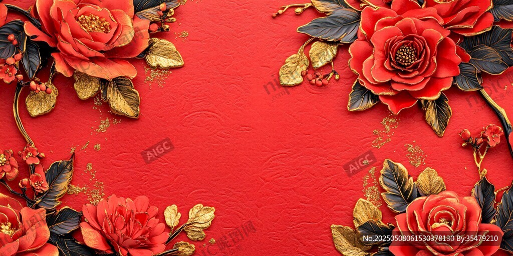 紅底繁花 中式浪漫花卉景
