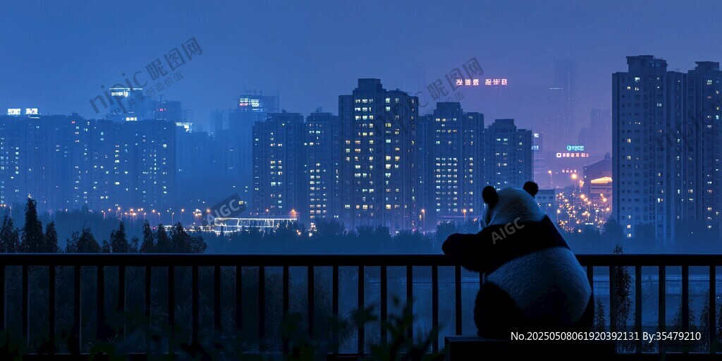 熊貓夜望繁華都市景觀