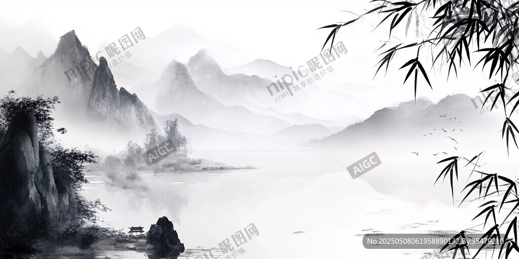 水墨山水間 竹影映湖景