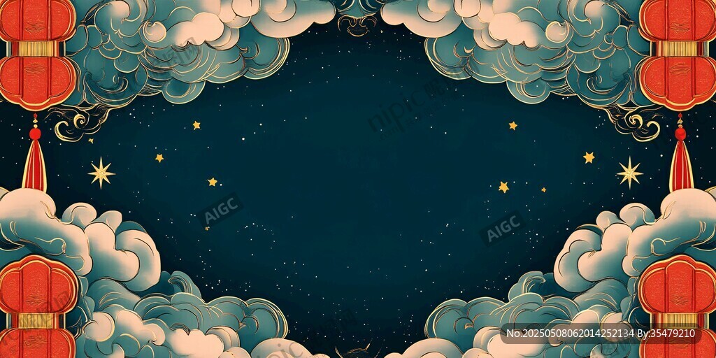 中式云紋燈籠夜空背景圖
