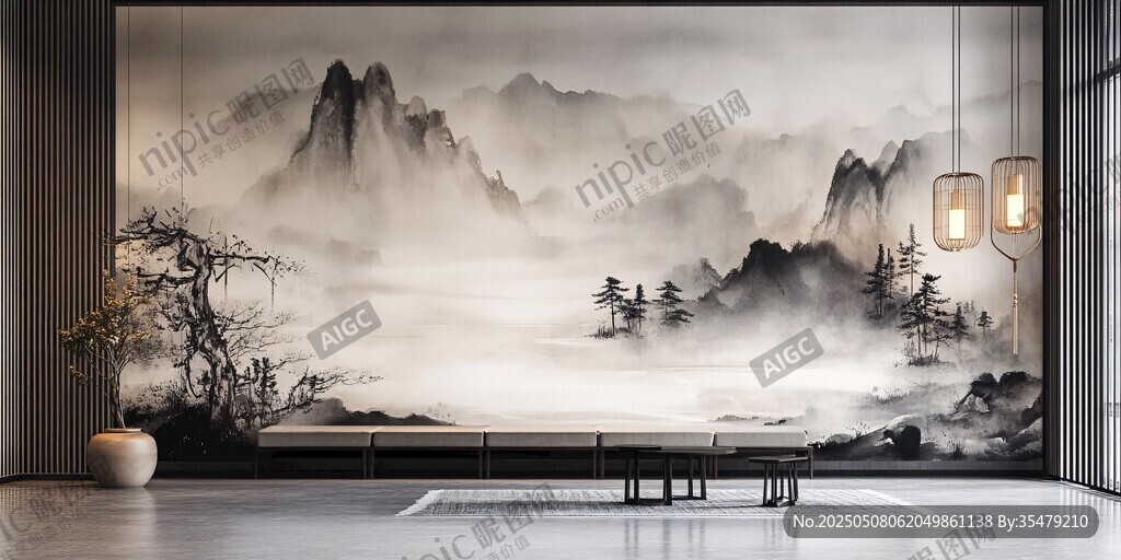 中式山水風客廳雅致背景墻