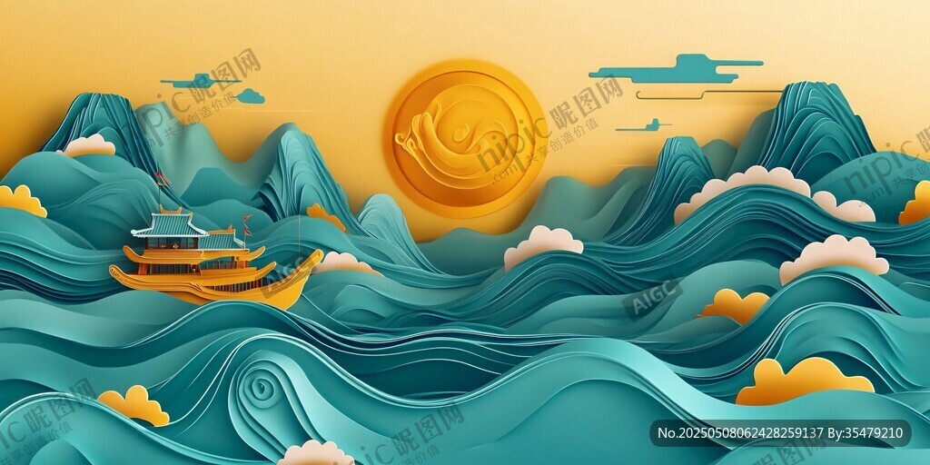 紙藝風(fēng)山海行舟美景